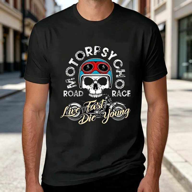 Men'S Fashion Quotes - T-shirt Motopsyco Biker Skull pour Hommes